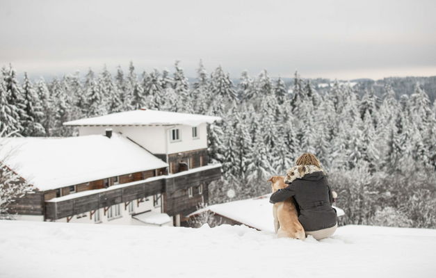 Golden Retriever und Frauchen in der Winterlandschaft vor dem Hundehotel