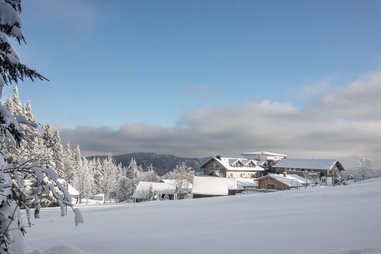 Aussicht der Winterlandschaft über das Landhotel Haus Waldeck